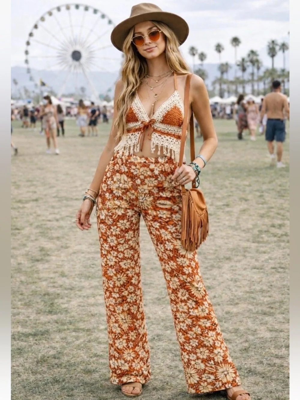Zara Linen Blend Floral Wide Leg High Rise‎ Pants Boho Summer Festival Womens XS